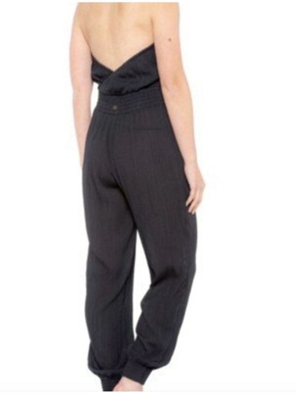 Prana Fernie Black Gauze Halter Jogger Jumpsuit Smocked Waist Womens Medium - Picture 2 of 8